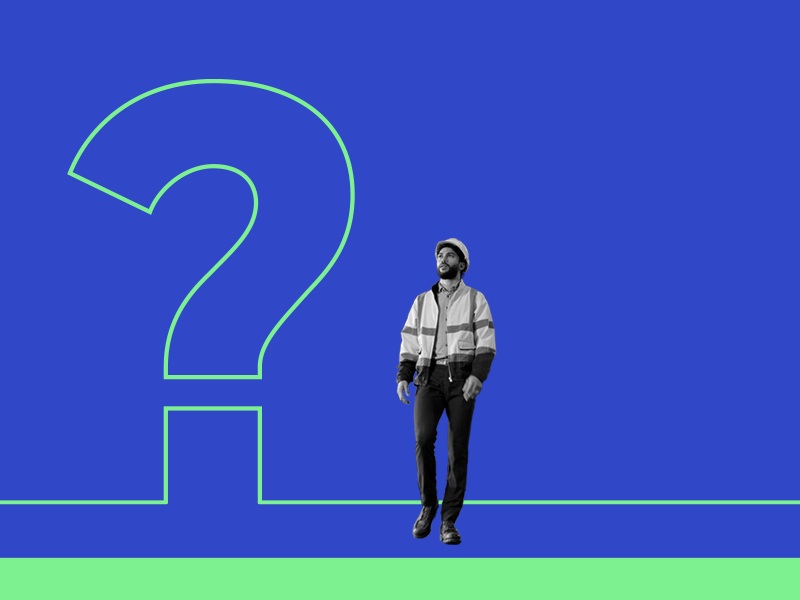 An image of a man in a construction vest next to a giant question mark.